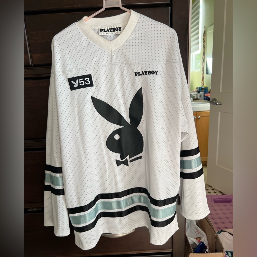 Playboy jersey by Pacsun, white blue and black
men’s M-L, women’s L-XL